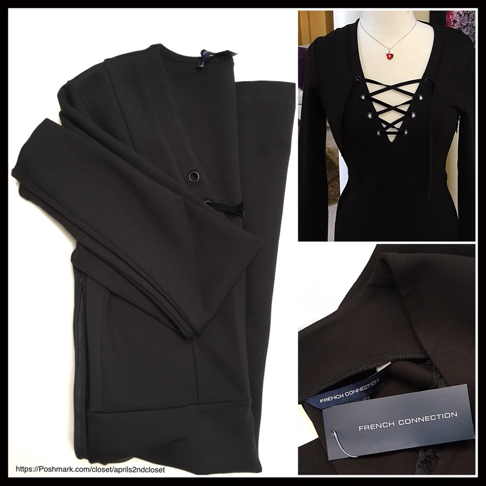FRENCH CONNECTION BLACK LACE UP V-NECK KNIT MINI DRESS A3C - Picture 5 of 8